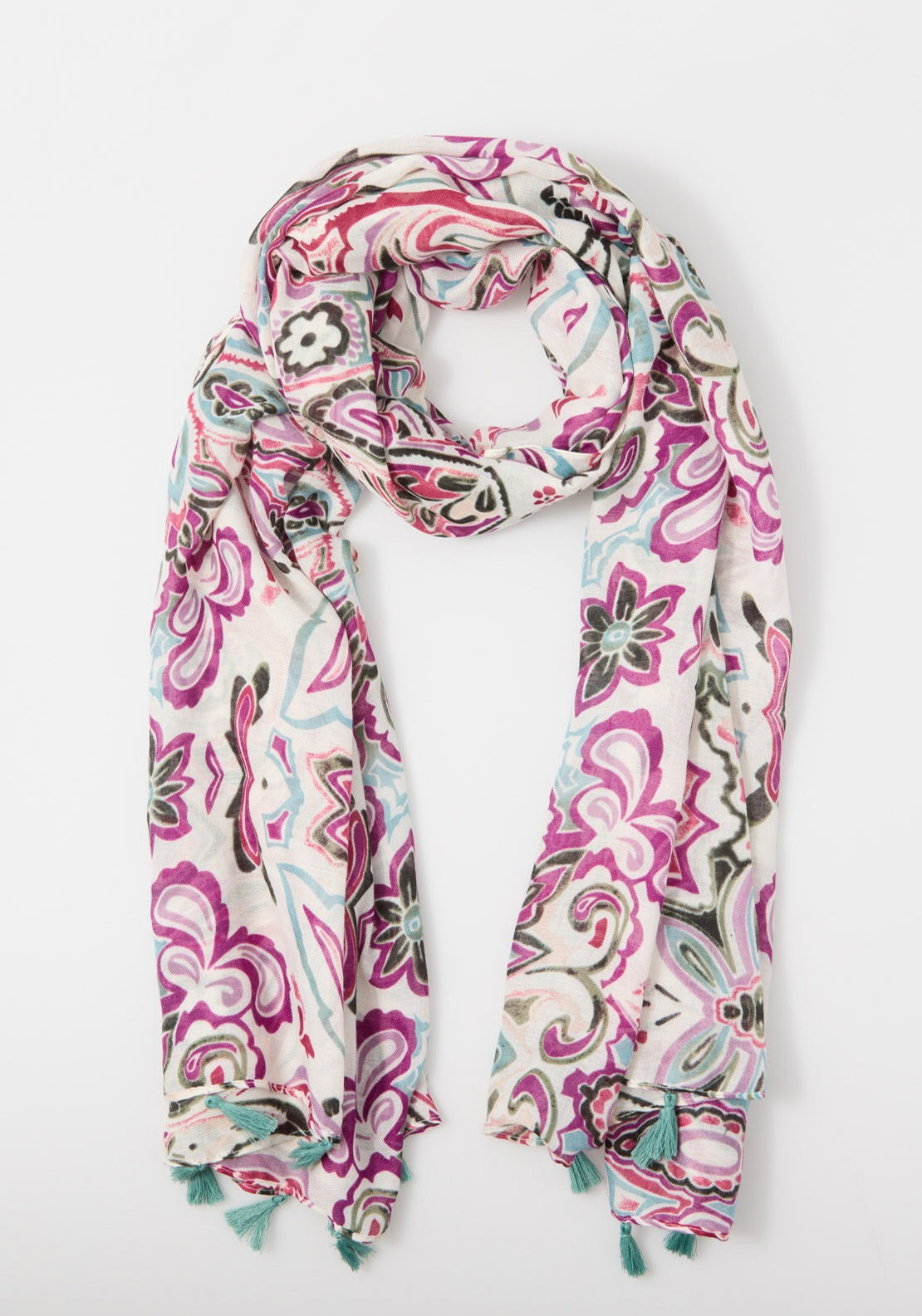 Sfera Paisley Scarf Tassels - White 2 Shaws Department Stores