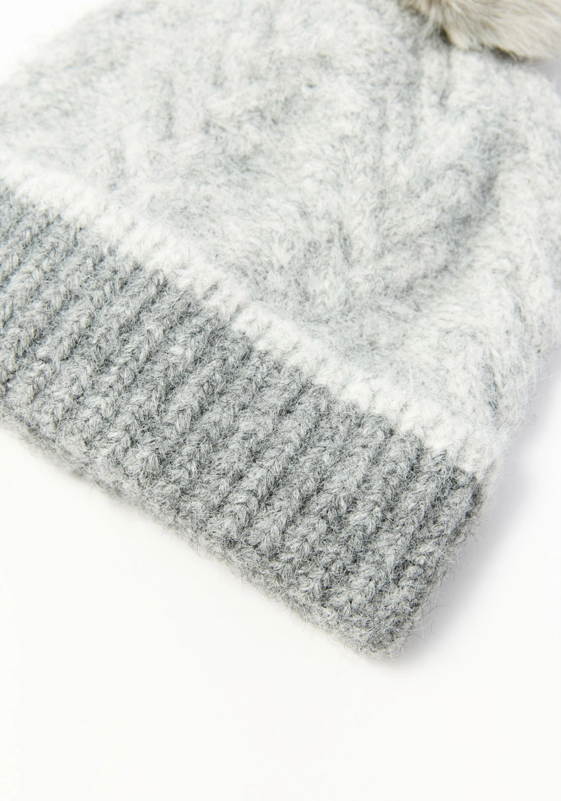 Two-Tone Ribbed-Trim Bobble Hat - Grey