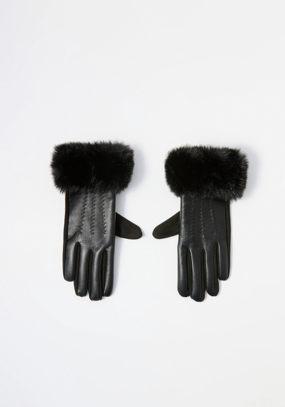 Faux Fur Trim Gloves - Black