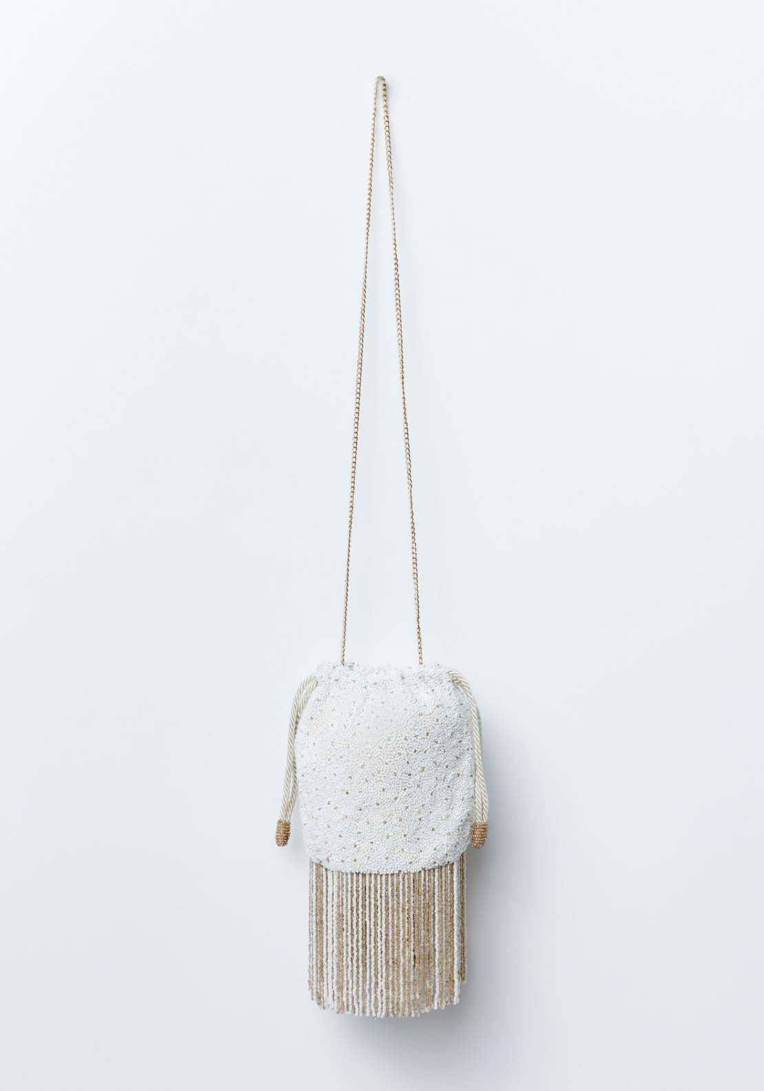 Sfera Beaded Pouch Fringes - Ecru 1 Shaws Department Stores
