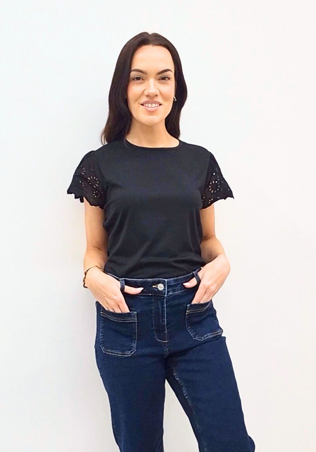 Naoise Short Sleeve Broderie Anglaise Top - Black 2 Shaws Department Stores