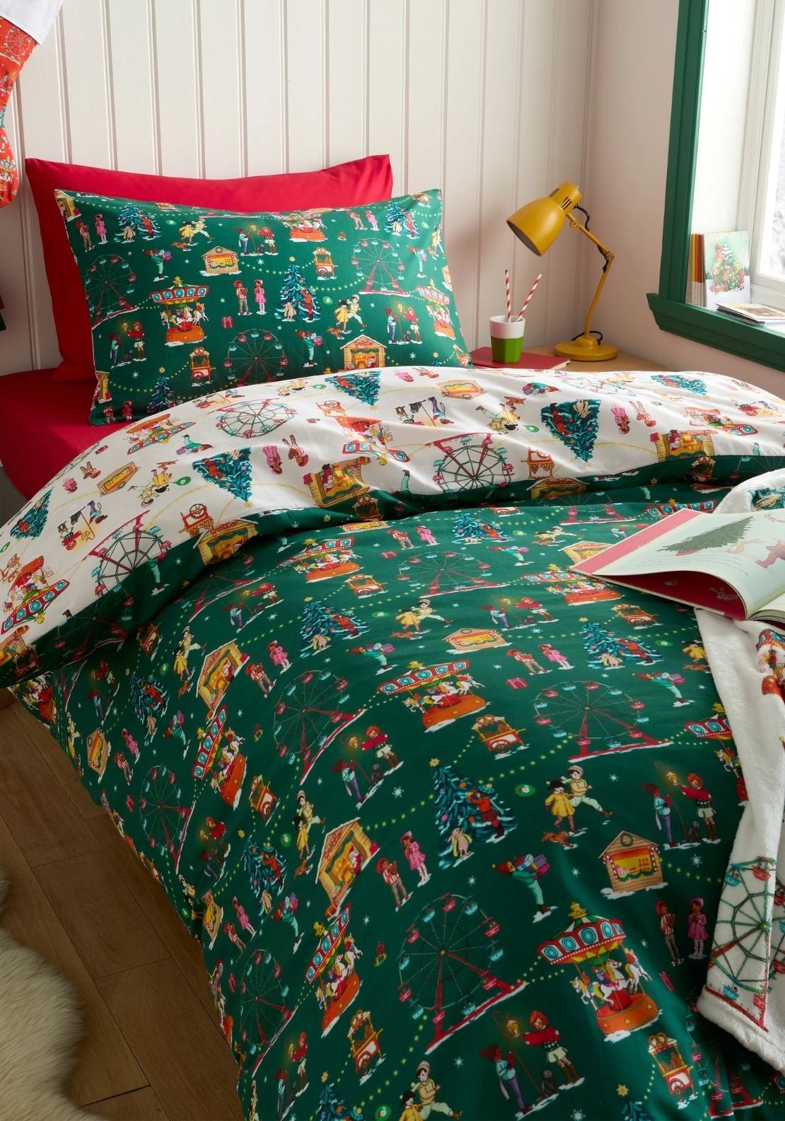 Belle & Boo Christmas Fairground Reversible Cotton Duvet Cover Set - Green 1 Shaws Department Stores