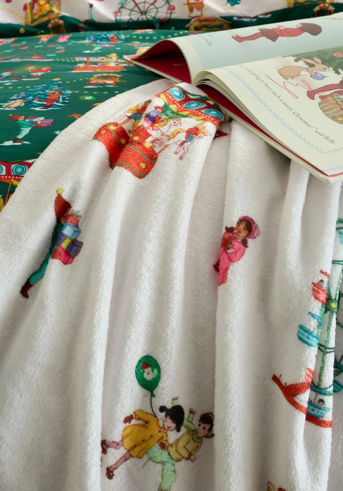 Belle & Boo Christmas Fairground Cosy Fleece Blanket Throw - Green 2 Shaws Department Stores