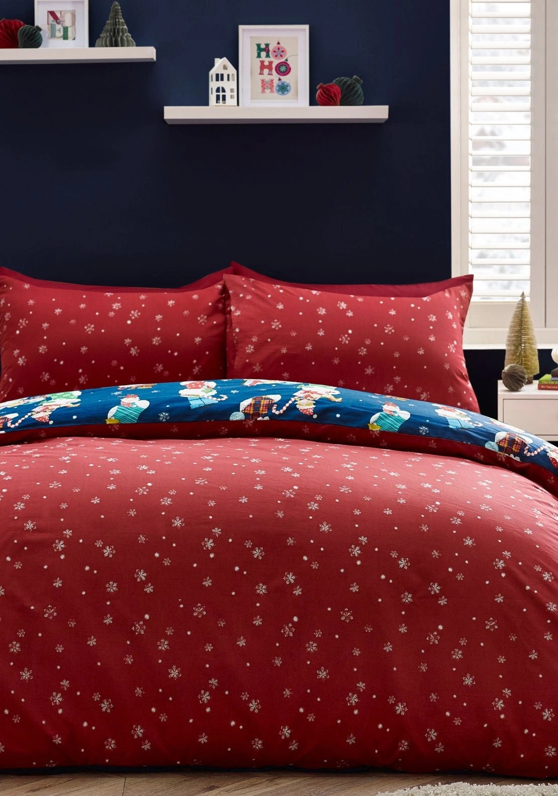 Catherine Lansfield Christmas Elves Cotton Rich Duvet Cover Set Navy - Navy/red 1 Shaws Department Stores