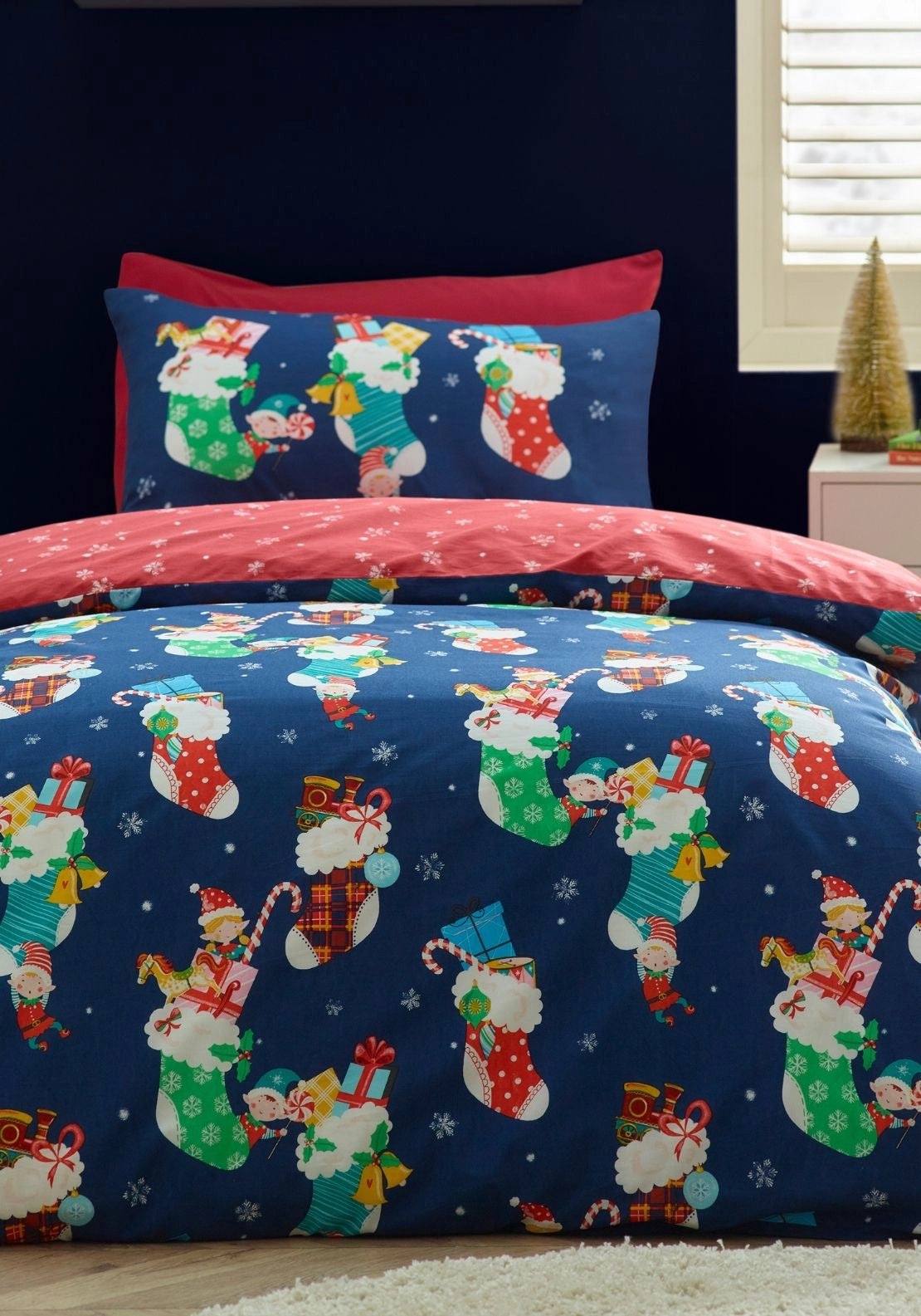 Catherine Lansfield Christmas Elves Cotton Rich Duvet Cover Set Navy - Navy/red 2 Shaws Department Stores