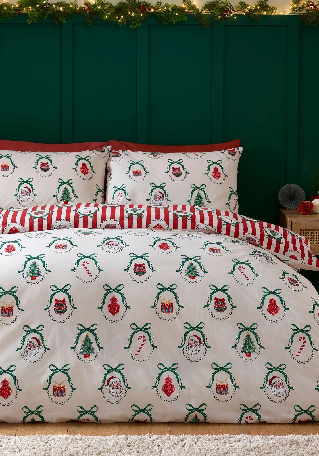 Catherine Lansfield Christmas Vintage Stripe Reversible Duvet Cover Set - Red 2 Shaws Department Stores