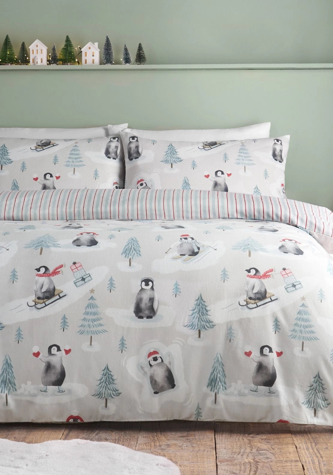 Catherine Lansfield 100% Brushed Cotton Christmas Penguins Reversible Duvet Cover Set - Green 1 Shaws Department Stores