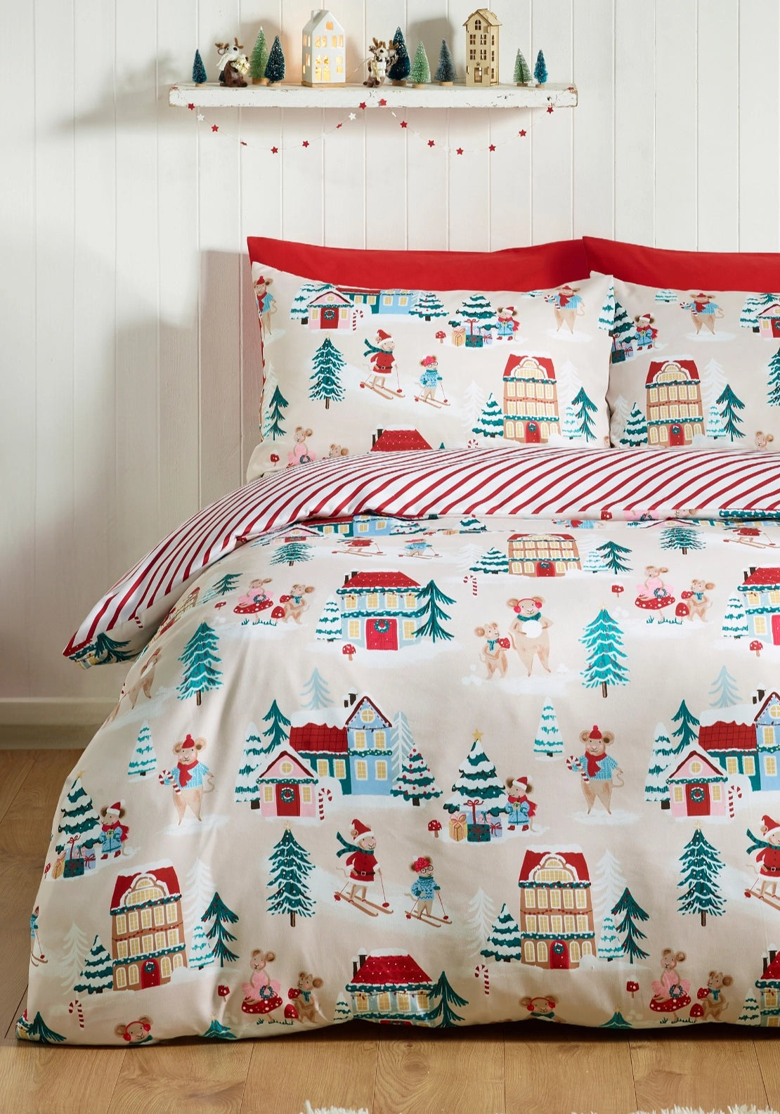 Catherine Lansfield Christmas Mouse Town Reversible Duvet Cover Set - Beige 1 Shaws Department Stores