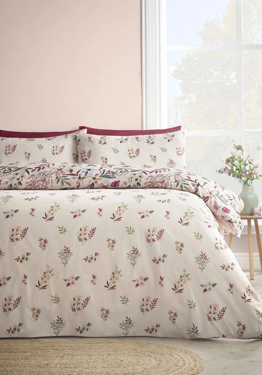 Watercolour Floral 100% Cotton Reversible Duvet Cover Set - Pink