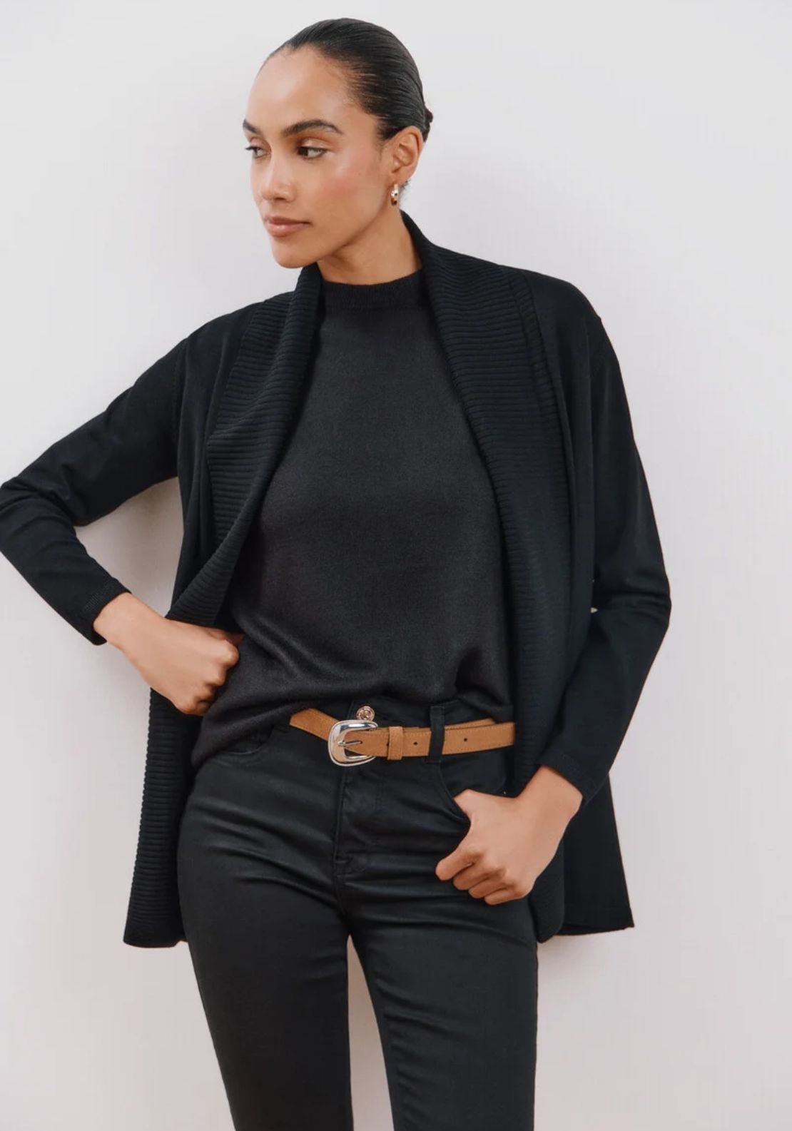 Cortefiel Long Sleeve Open Cardigan - Black 1 Shaws Department Stores