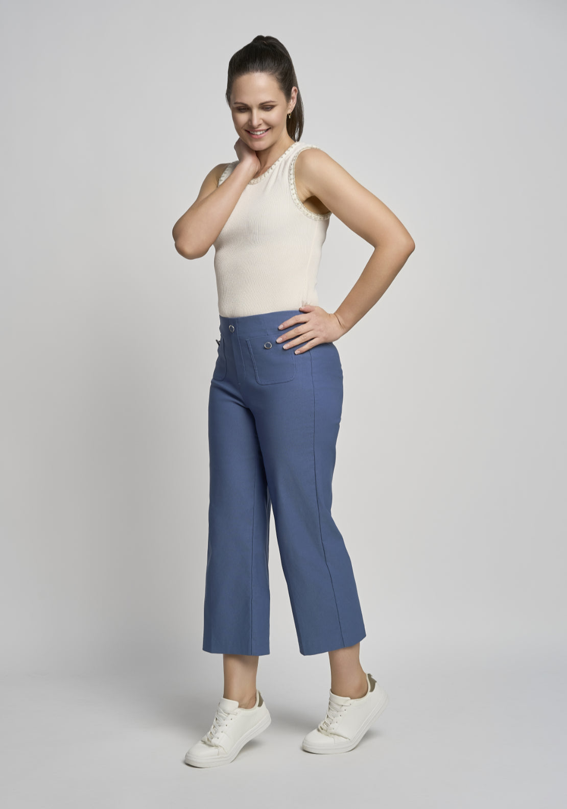 Wide Leg Crop Pull On Trouser - Blue