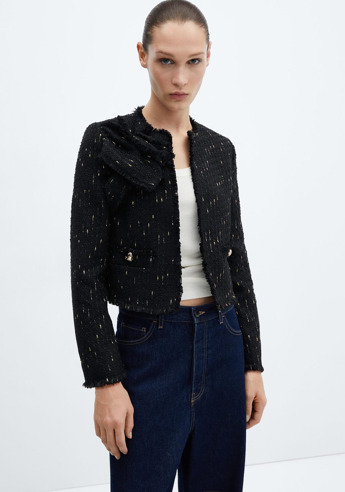 Mango Knotted tweed jacket 1 Shaws Department Stores