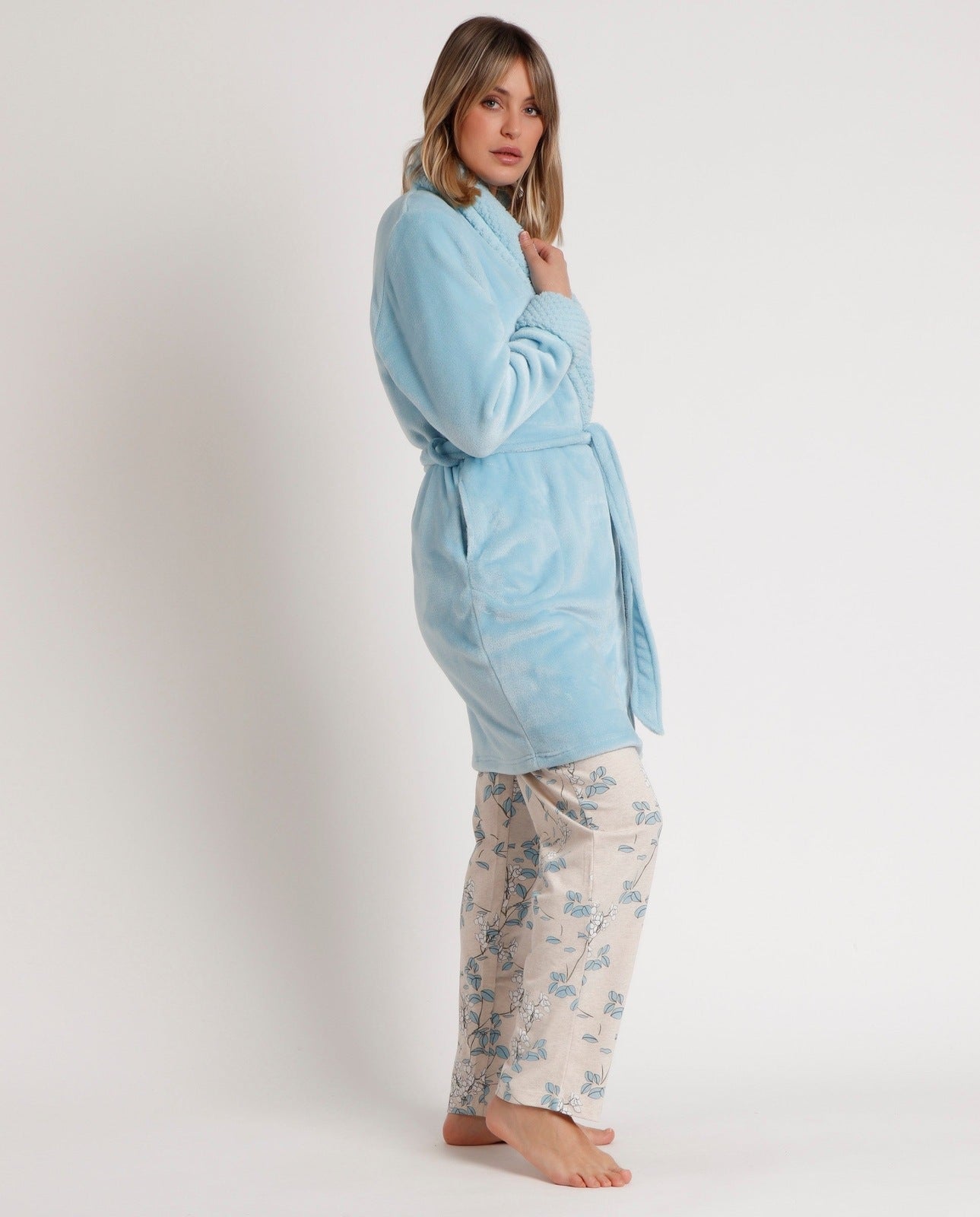 Admas Dressing Gown Contrast Collar - Blue 3 Shaws Department Stores