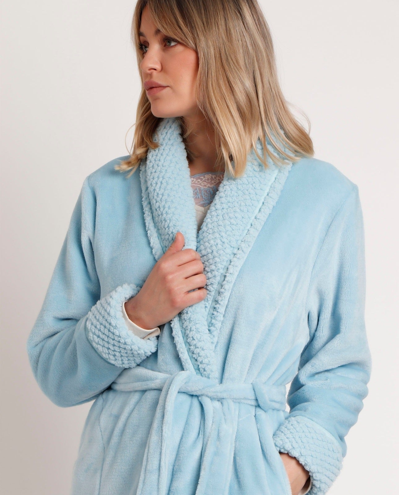 Admas Dressing Gown Contrast Collar - Blue 2 Shaws Department Stores