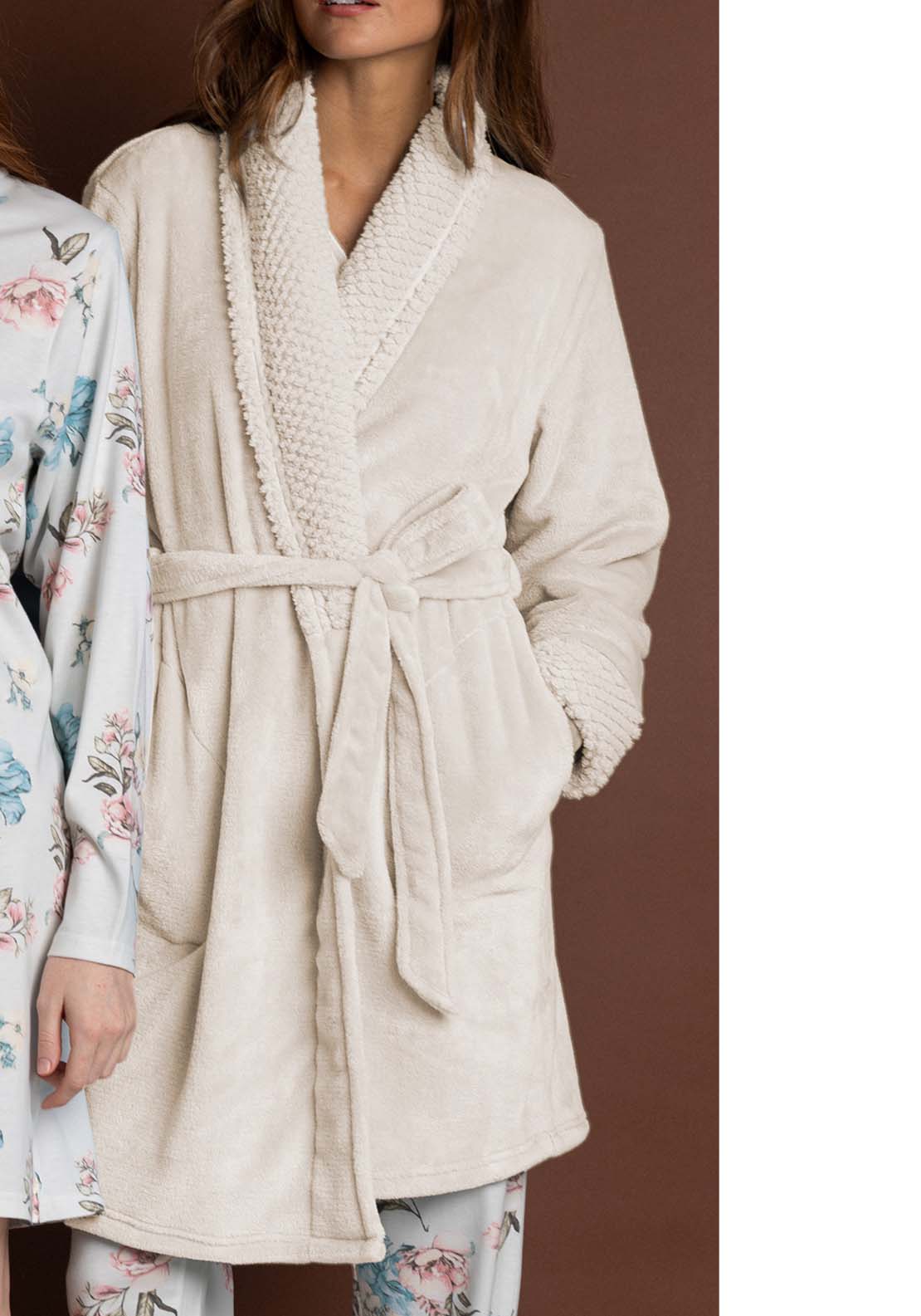 Admas Dressing Gown Contrast Collar - Cream 1 Shaws Department Stores