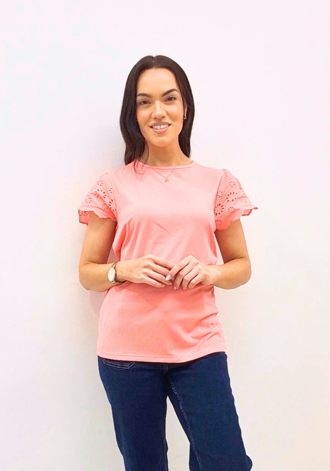 Naoise Short Sleeve Broderie Anglaise Top - Pink 1 Shaws Department Stores