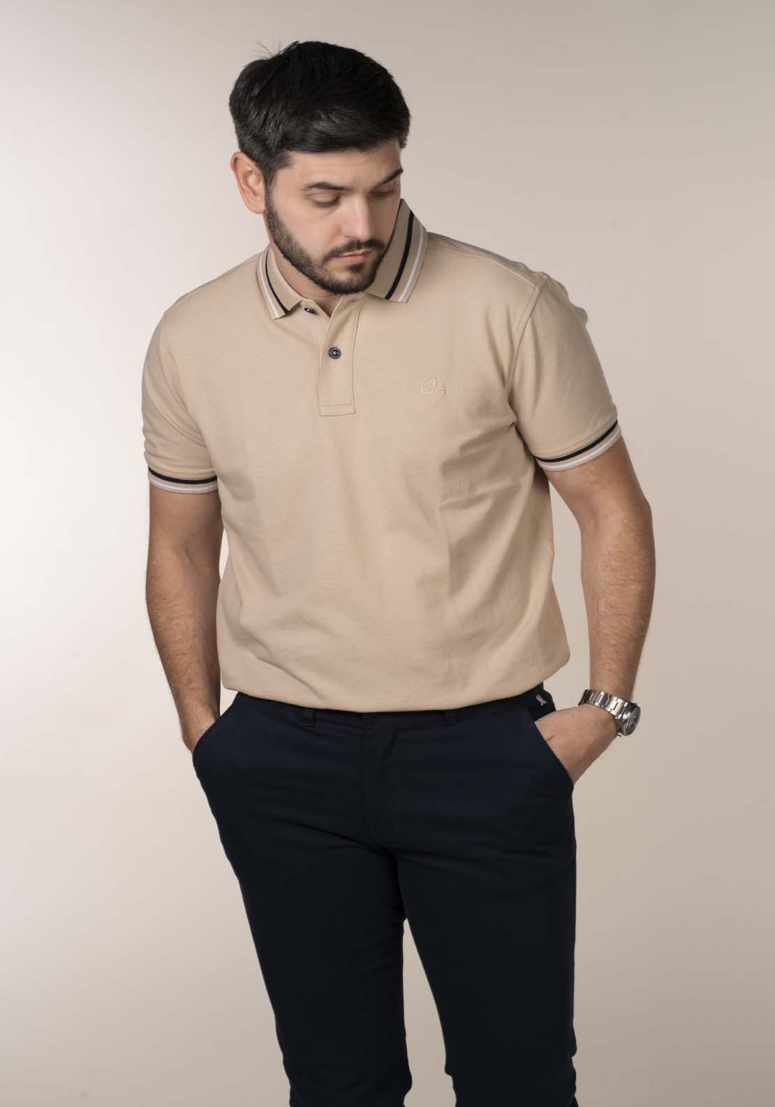 Lerros Mens Aqua Blue Melange Polo Shirt - Beige 2 Shaws Department Stores