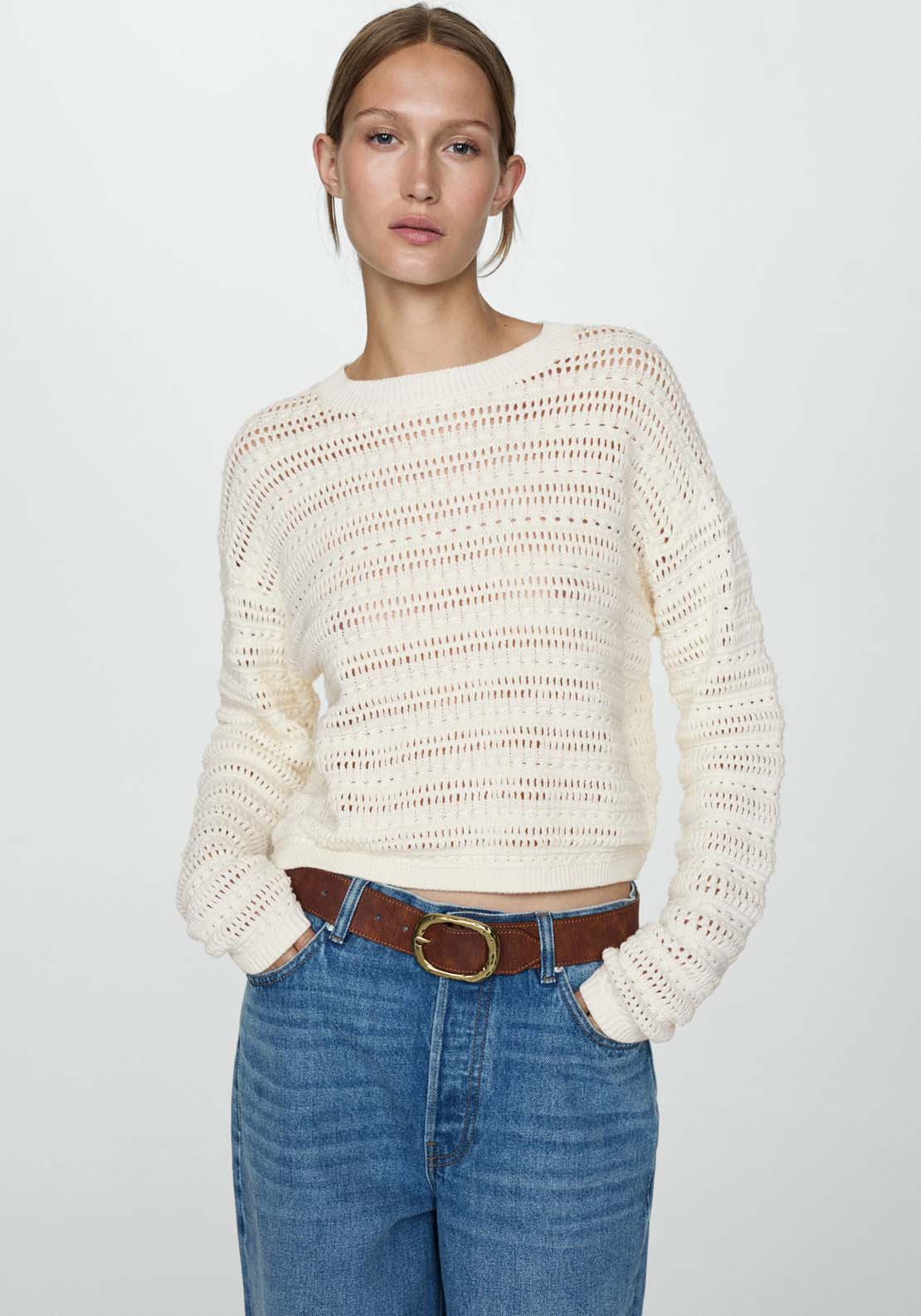 Mango Openwork knit sweater - Light Beige 1 Shaws Department Stores