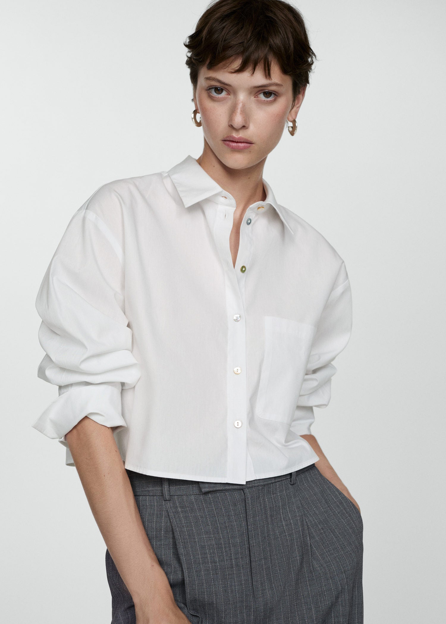 Mango Cropped shirt with pocket - Natural 1 Shaws Department Stores