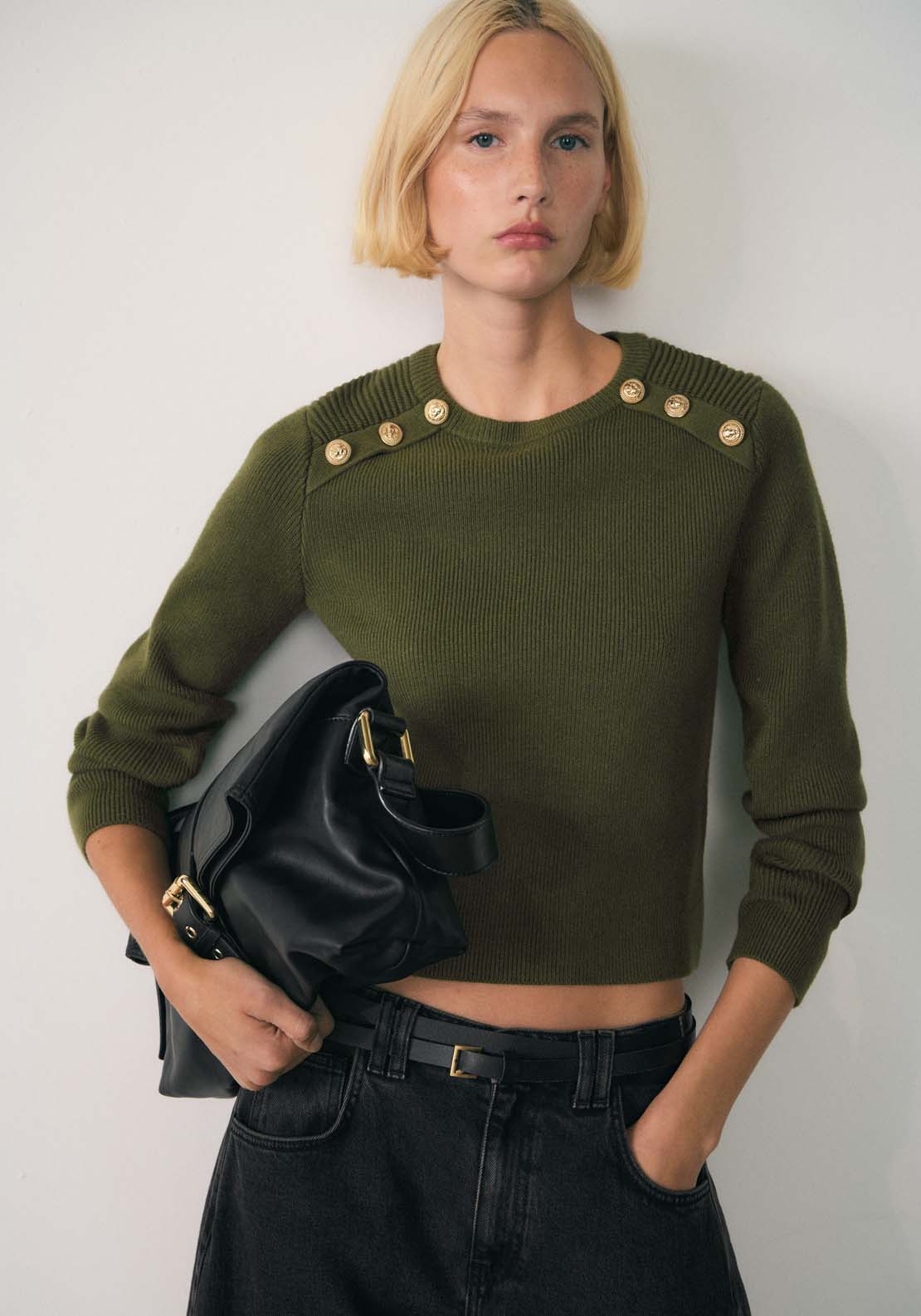 Mango Sweater with jewel buttons - Beige/khaki 1 Shaws Department Stores