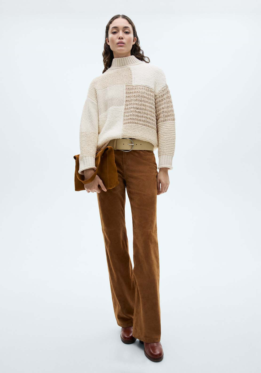 Mango Perkins-neck patchwork sweater - Light Beige 4 Shaws Department Stores