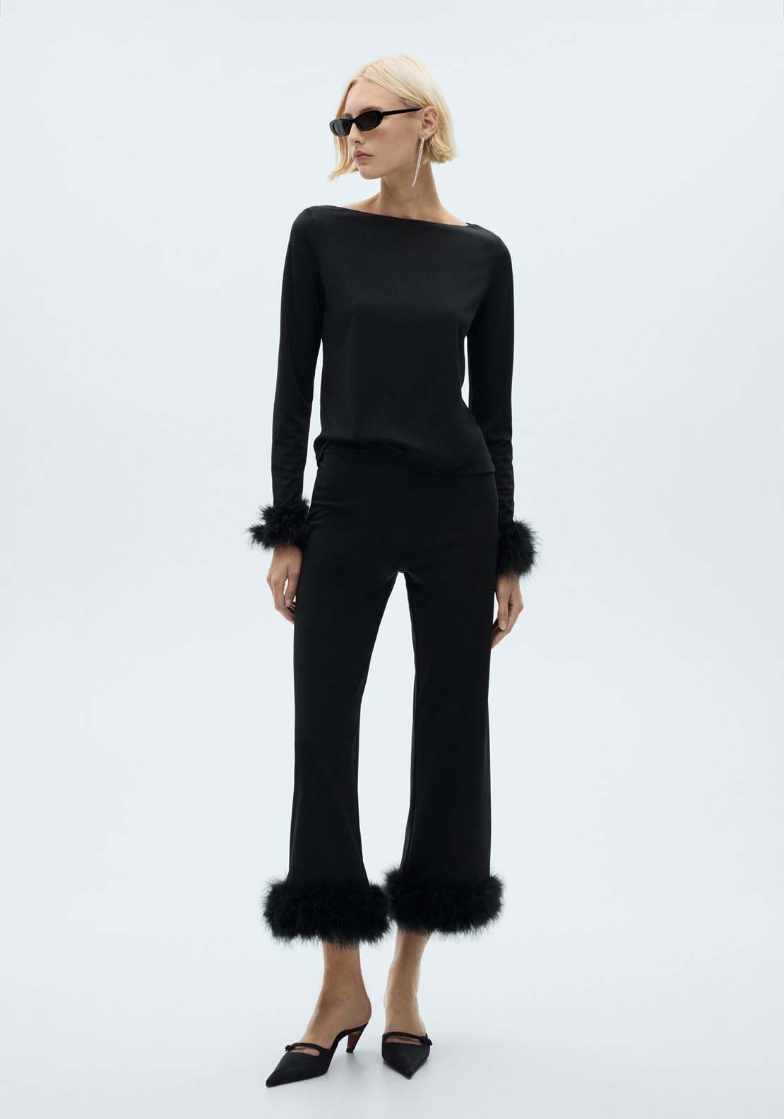 Mango T-shirt with feather cuff detail - Black 1 Shaws Department Stores