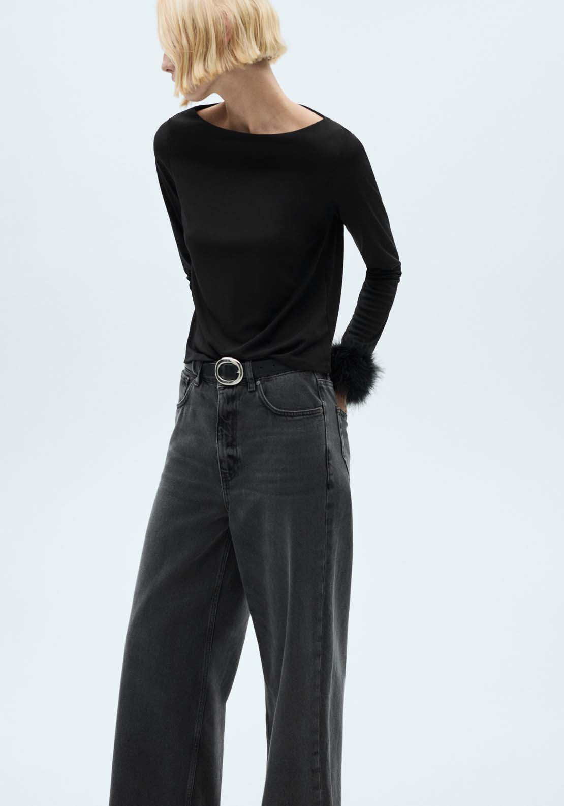 Mango T-shirt with feather cuff detail - Black 4 Shaws Department Stores