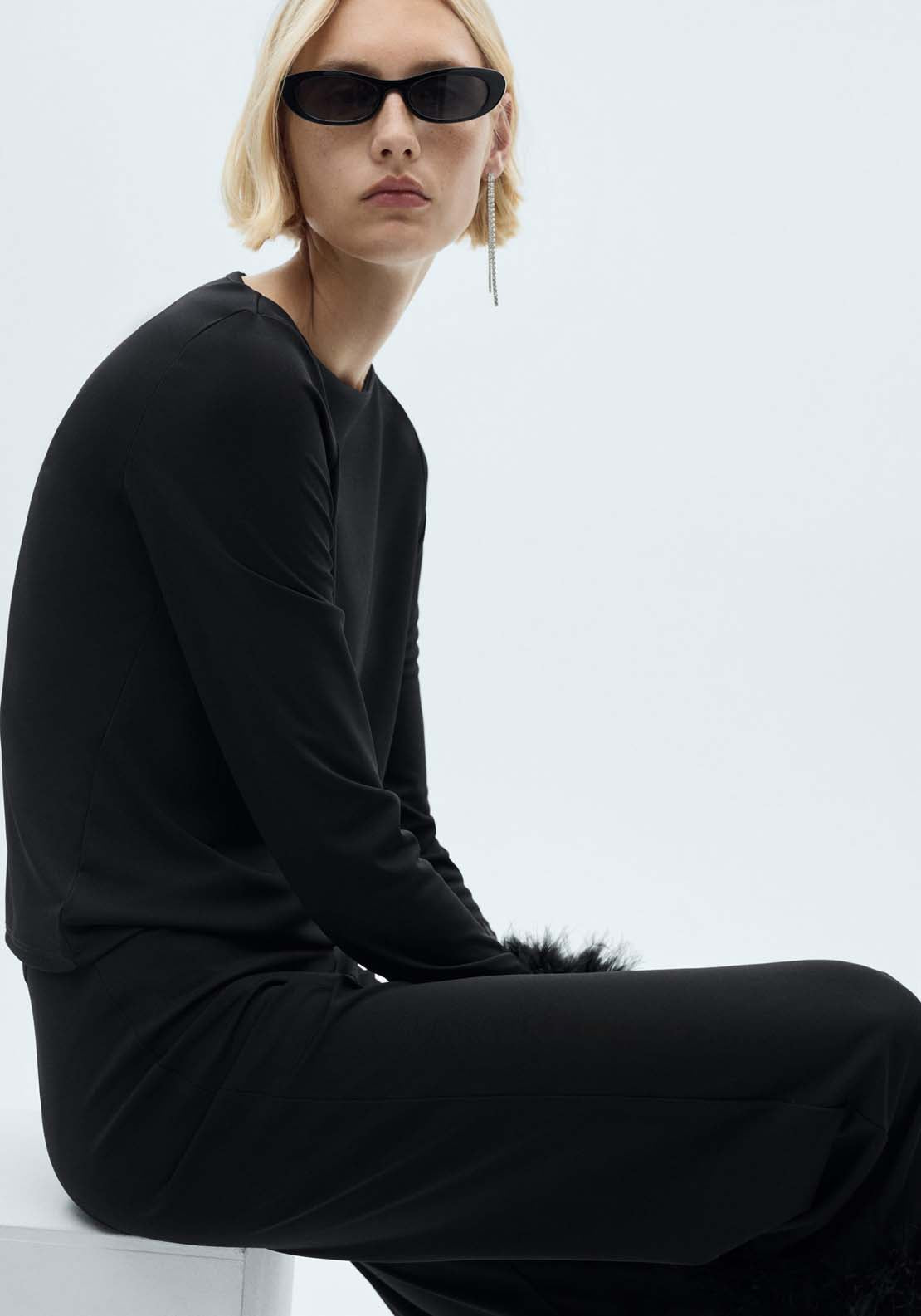 Mango T-shirt with feather cuff detail - Black 3 Shaws Department Stores