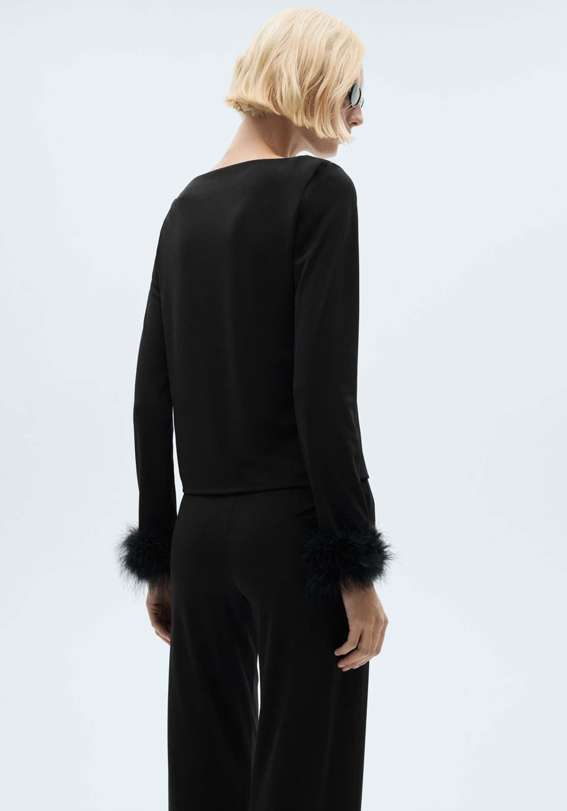 Mango T-shirt with feather cuff detail - Black 2 Shaws Department Stores