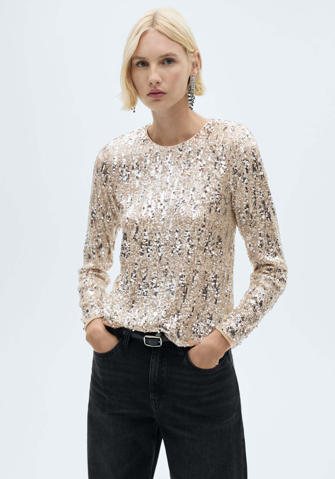 Mango Long-sleeved t-shirt with sequins - Silver 1 Shaws Department Stores