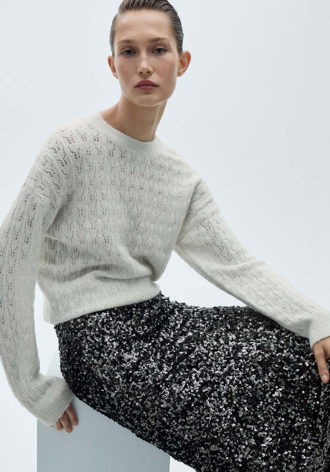 Mango Openwork sweater with lúrex details - Light Beige 1 Shaws Department Stores