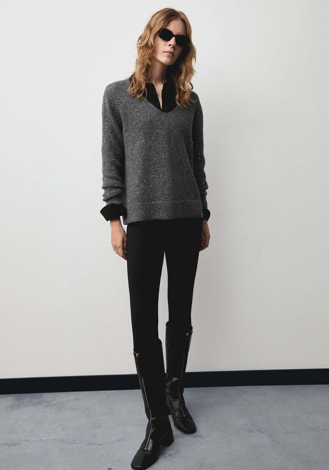 Mango V-neck sequin sweater - Charcoal 3 Shaws Department Stores