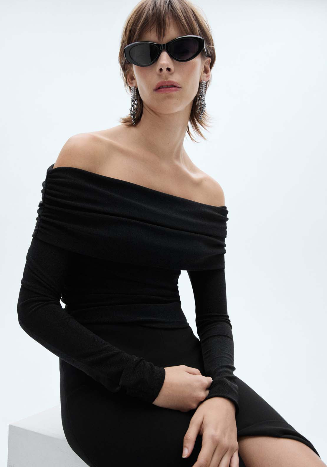 Mango Lurex off-the-shoulder top - Black 1 Shaws Department Stores