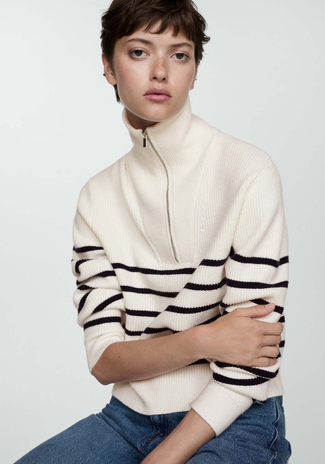 Mango Striped sweater with zip - Navy 2 Shaws Department Stores