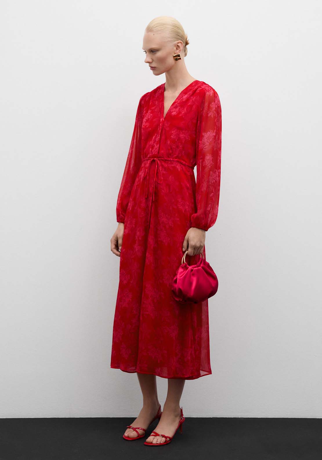 Mango Floral-print dress with knot detail - Bright Red 1 Shaws Department Stores