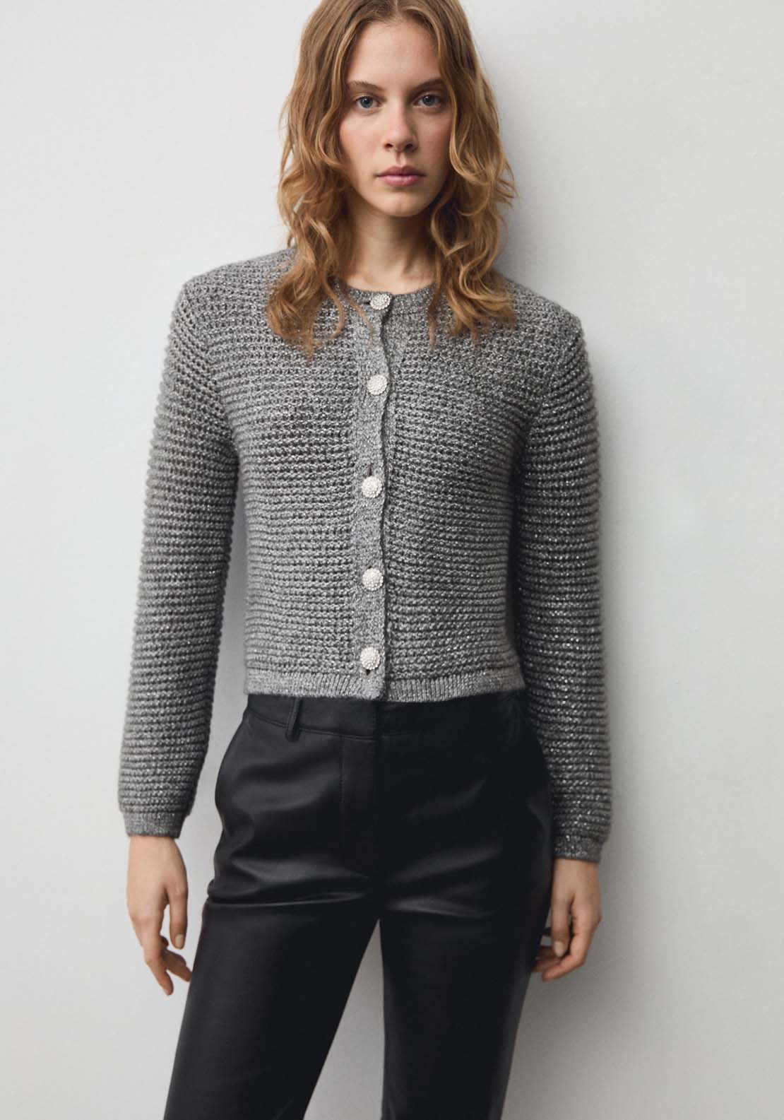 Mango Long sleeve short buttoned cardigan - Silver 1 Shaws Department Stores