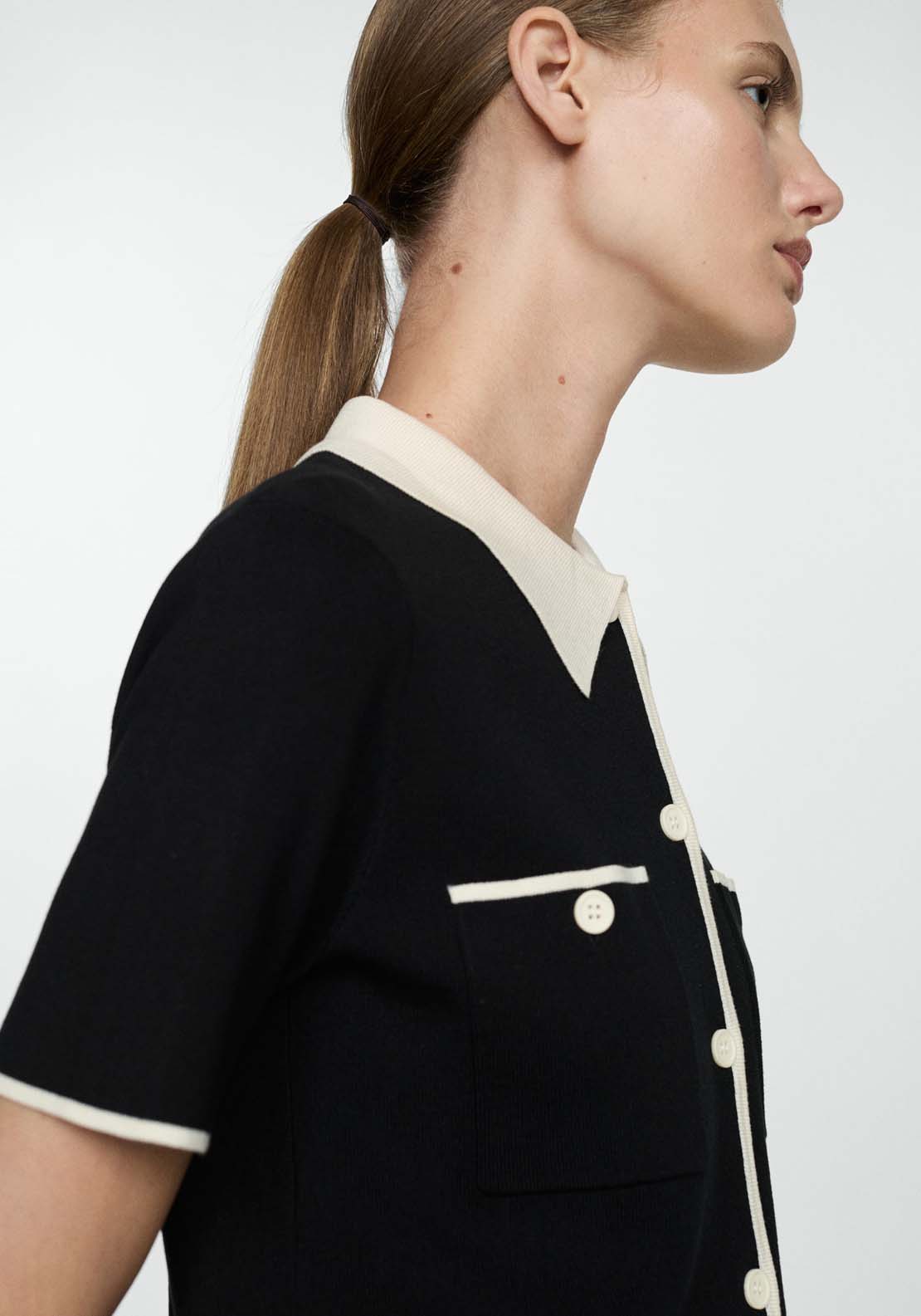 Mango Short-sleeved cardigan with contrasting trims - Black 2 Shaws Department Stores
