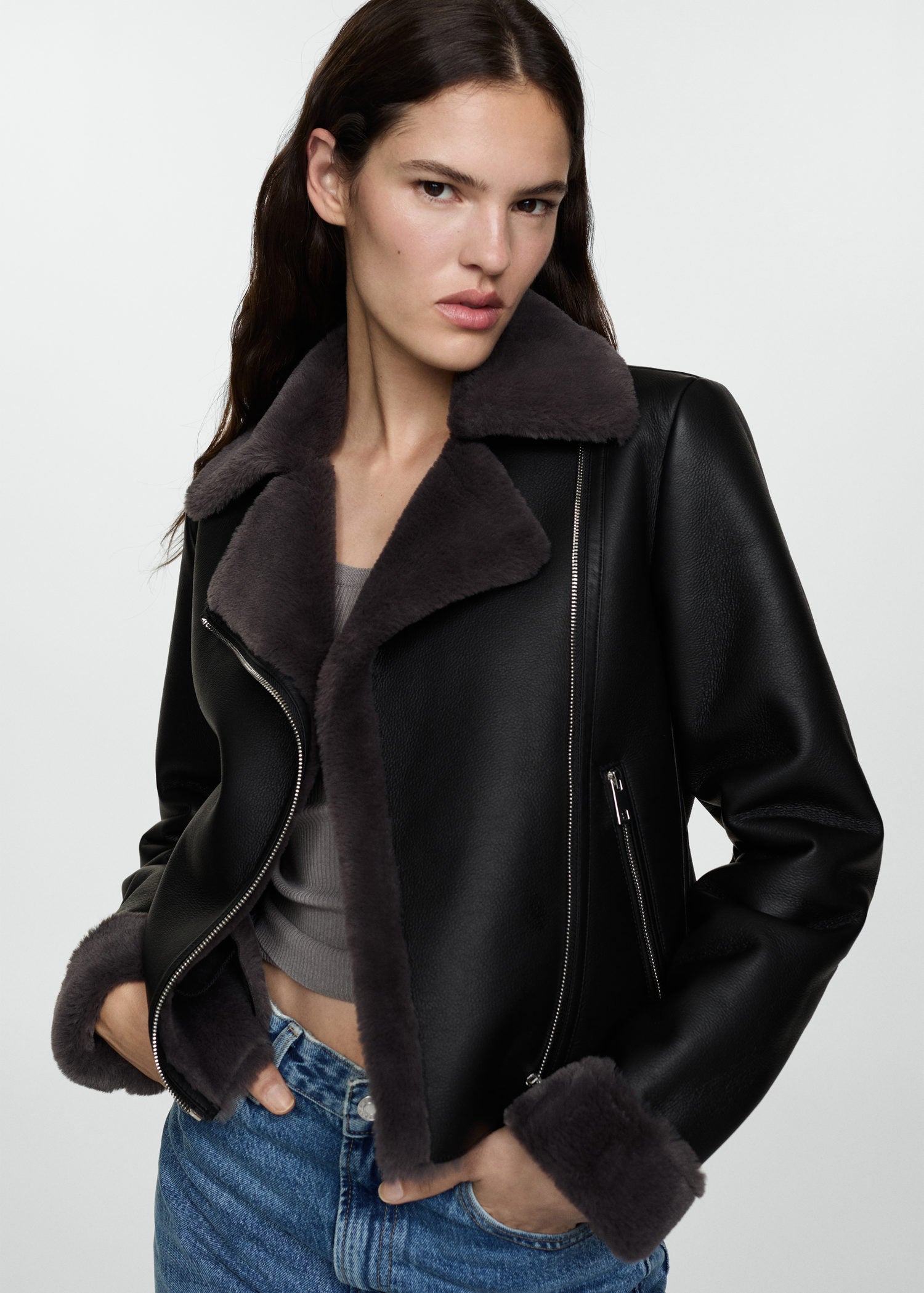 Faux shearling lined jacket Black Shaws Department Stores