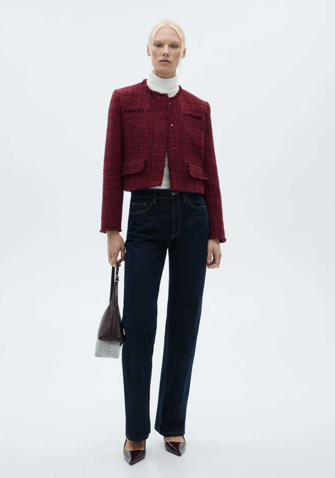 Mango Tweed jacket with frayed ends - Dark Red 4 Shaws Department Stores