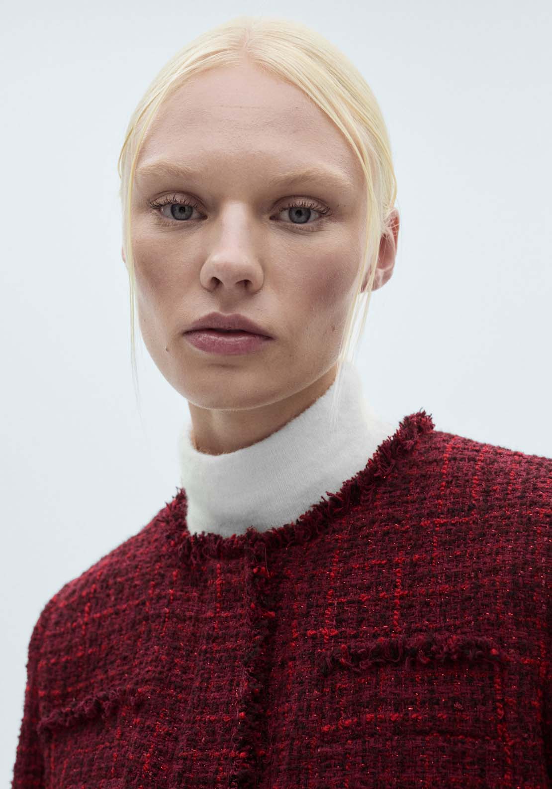 Mango Tweed jacket with frayed ends - Dark Red 3 Shaws Department Stores