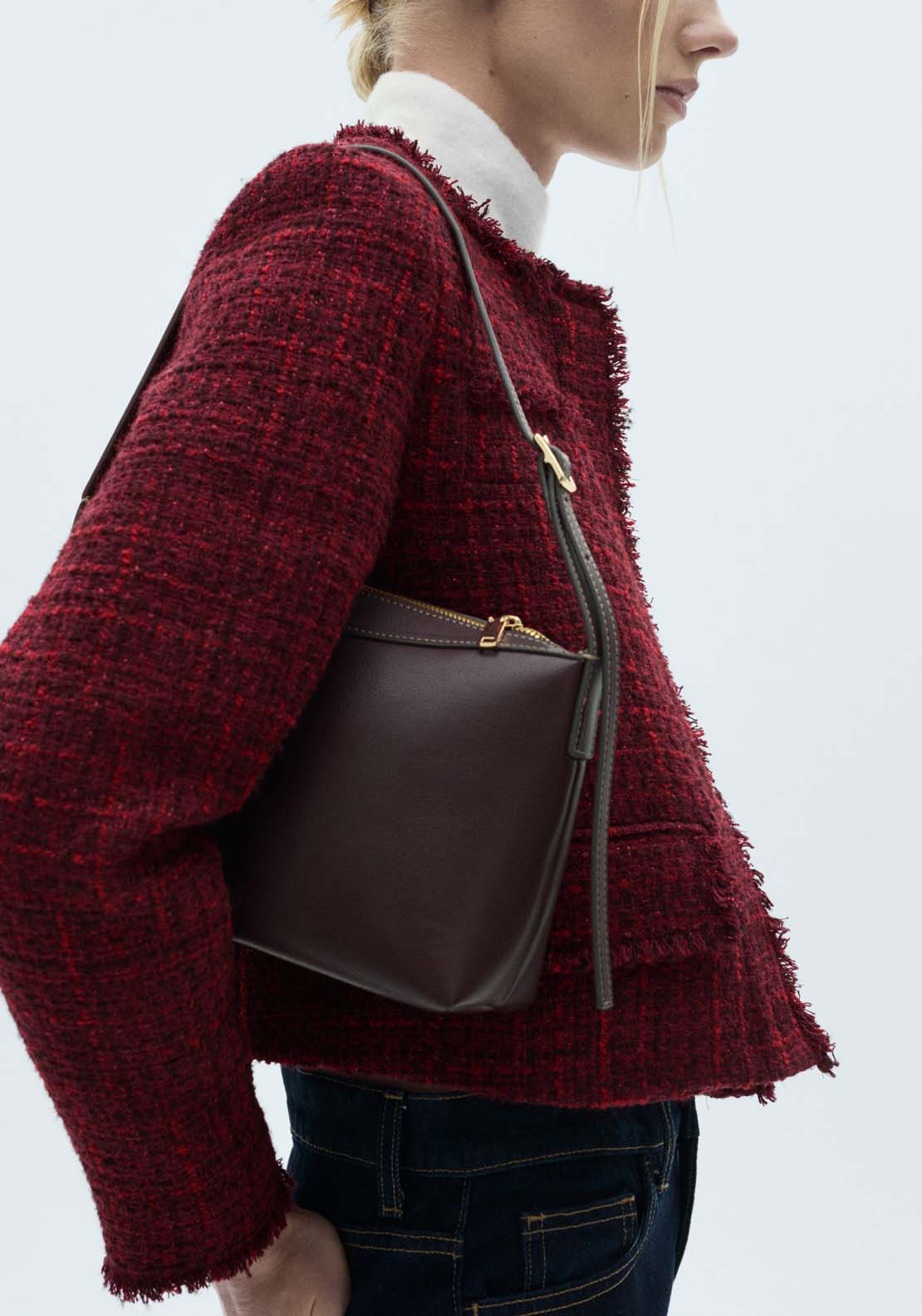 Mango Tweed jacket with frayed ends - Dark Red 2 Shaws Department Stores