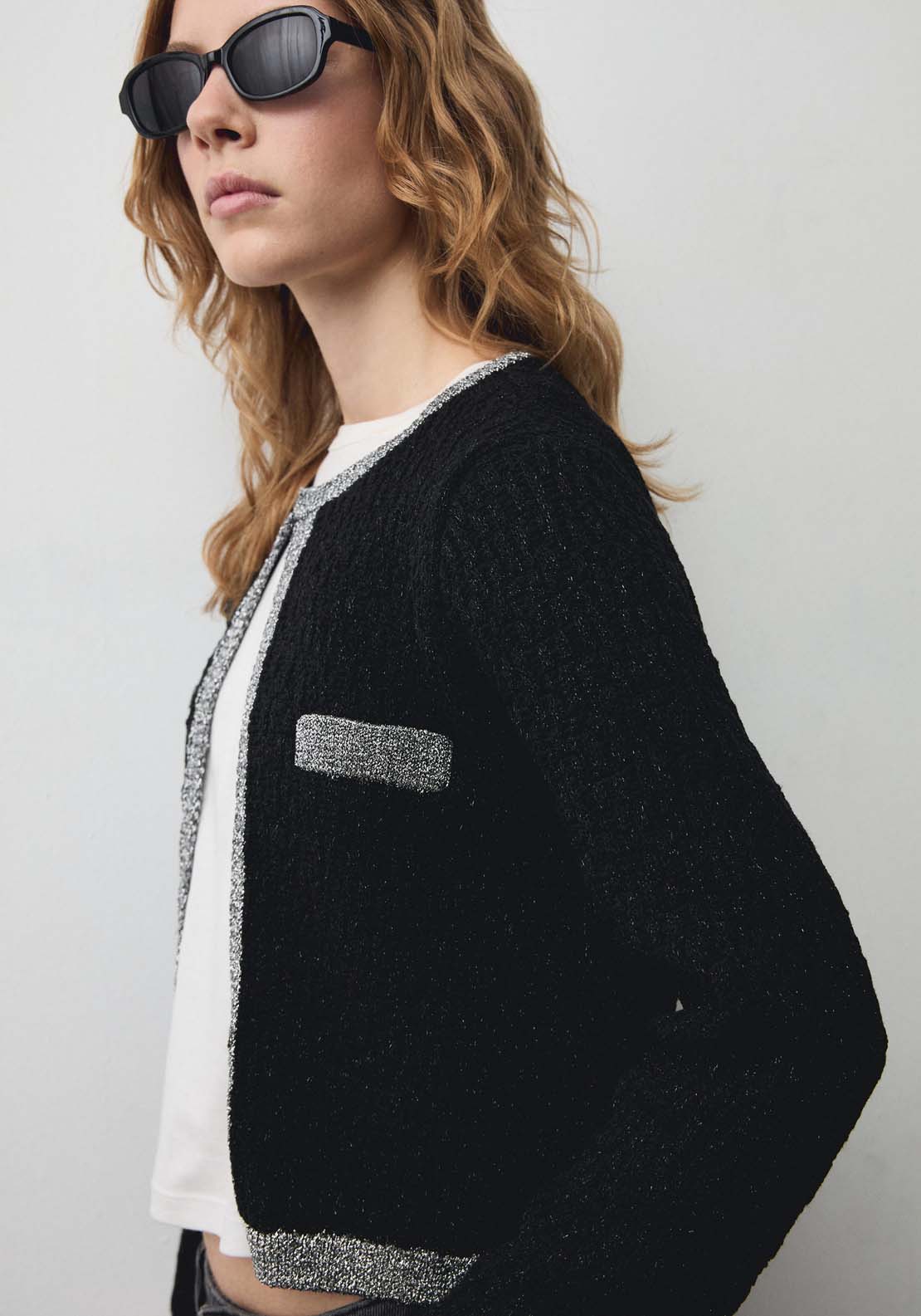 Mango Knitted jacket with lurex detail - Black 2 Shaws Department Stores