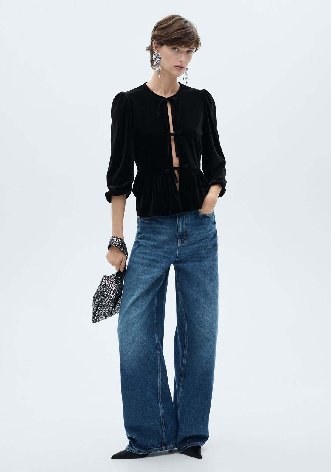 Mango Velvet blouse with bows - Black 4 Shaws Department Stores