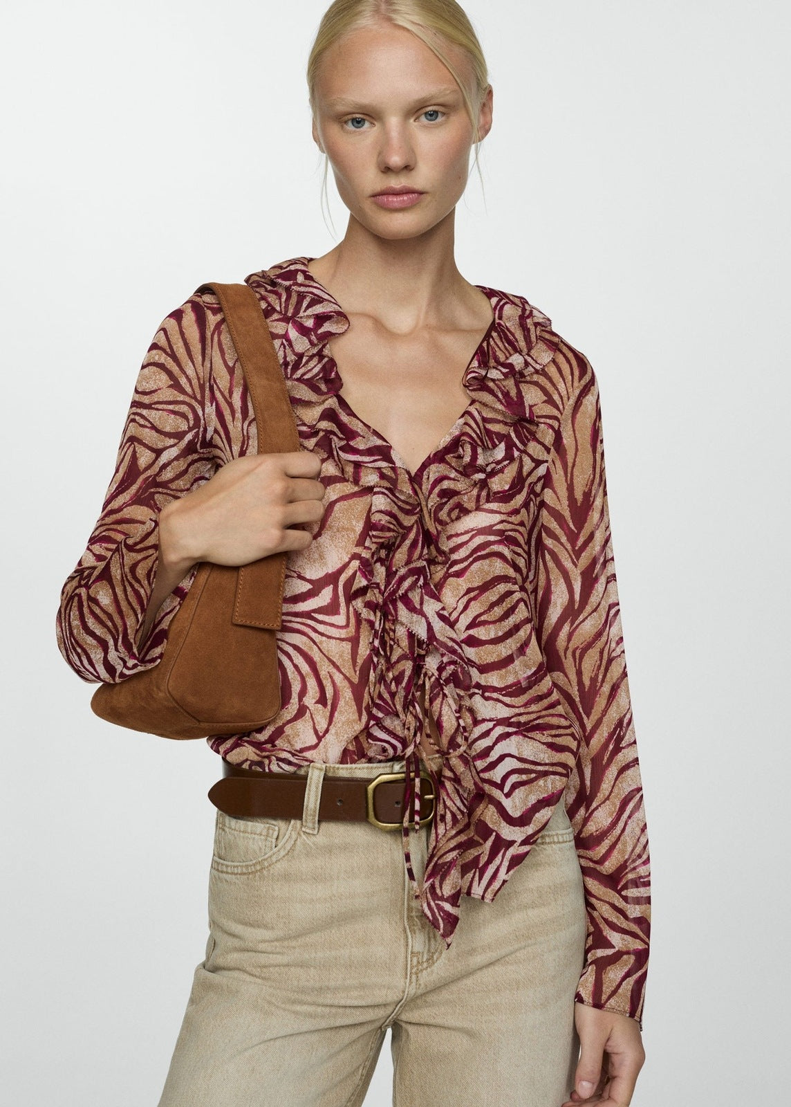 Mango Ruffles printed blouse - Dark Red 1 Shaws Department Stores