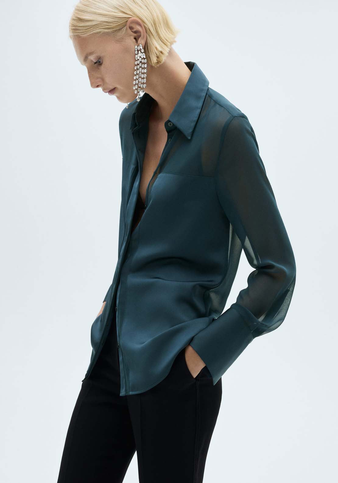 Mango Chiffon shirt with satin panels - Dark Blue 1 Shaws Department Stores
