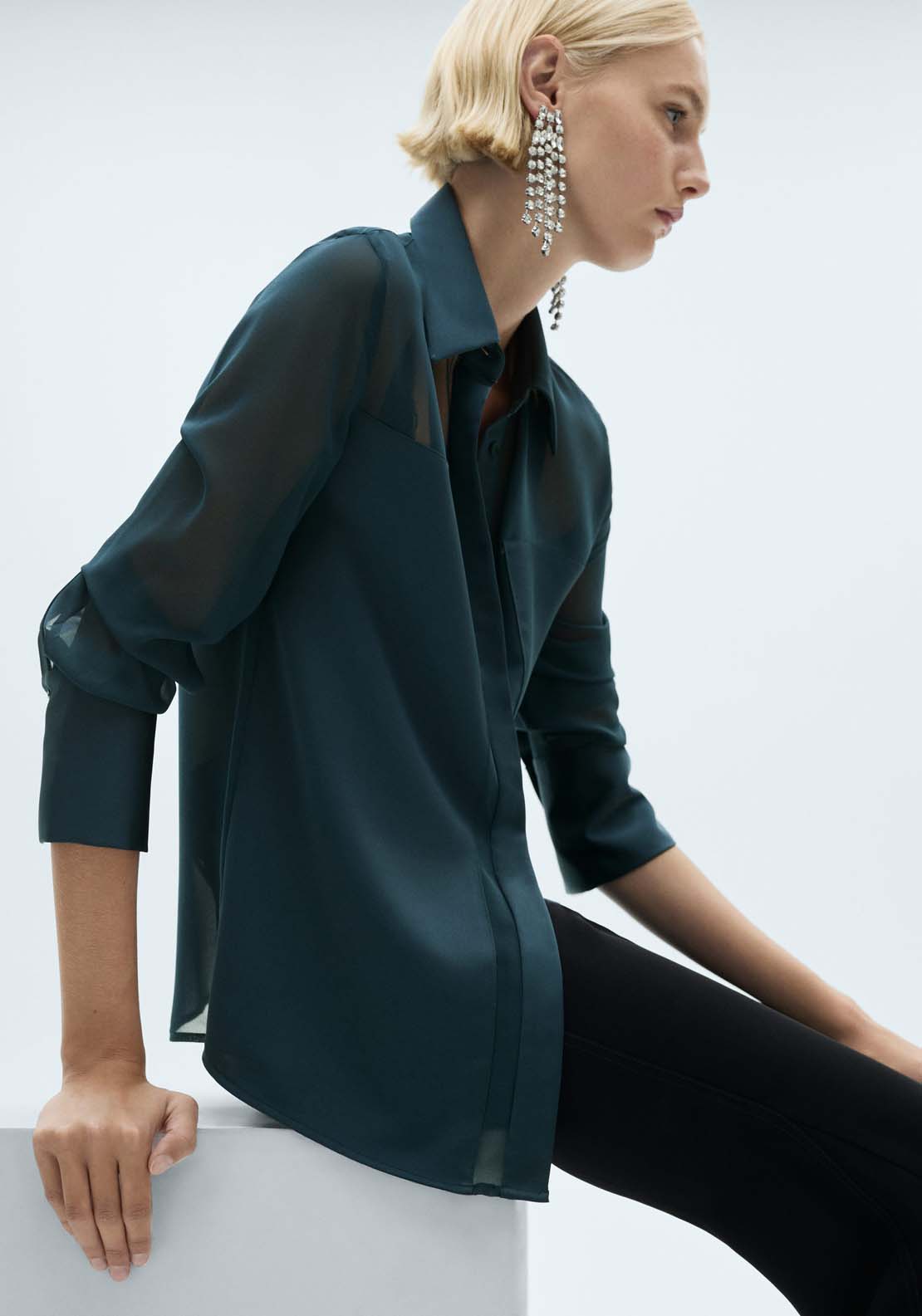 Mango Chiffon shirt with satin panels - Dark Blue 2 Shaws Department Stores