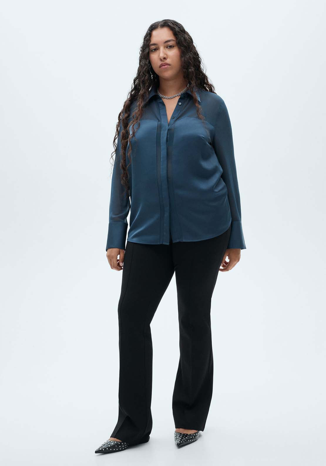 Mango Chiffon shirt with satin panels - Dark Blue 8 Shaws Department Stores