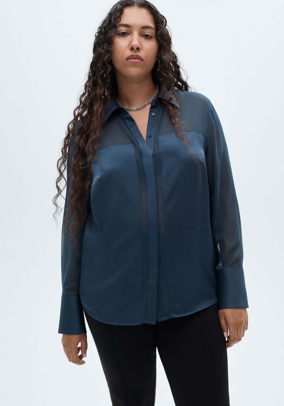 Mango Chiffon shirt with satin panels - Dark Blue 6 Shaws Department Stores