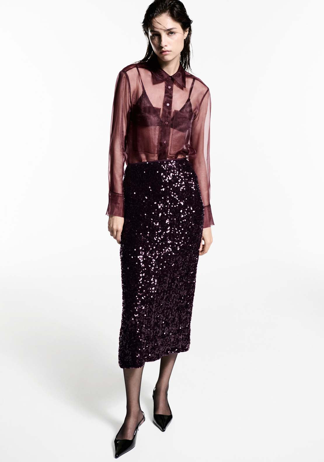 Mango Sequin midi skirt - Dark Red 2 Shaws Department Stores