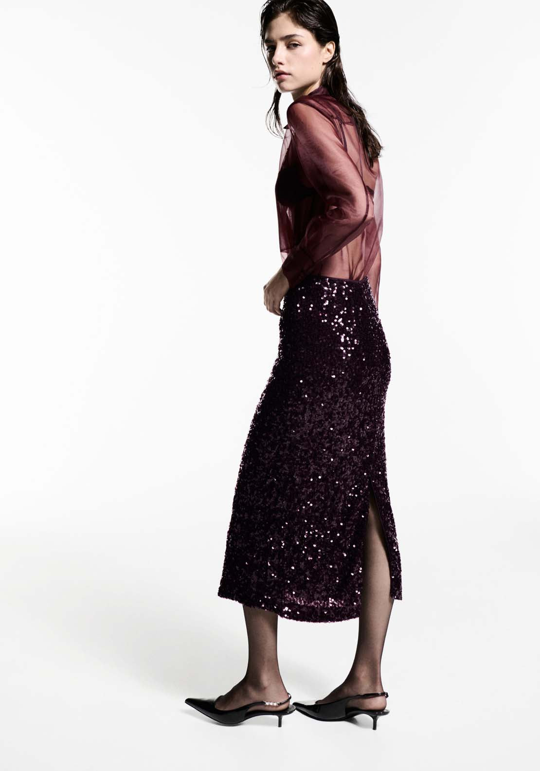 Mango Sequin midi skirt - Dark Red 3 Shaws Department Stores